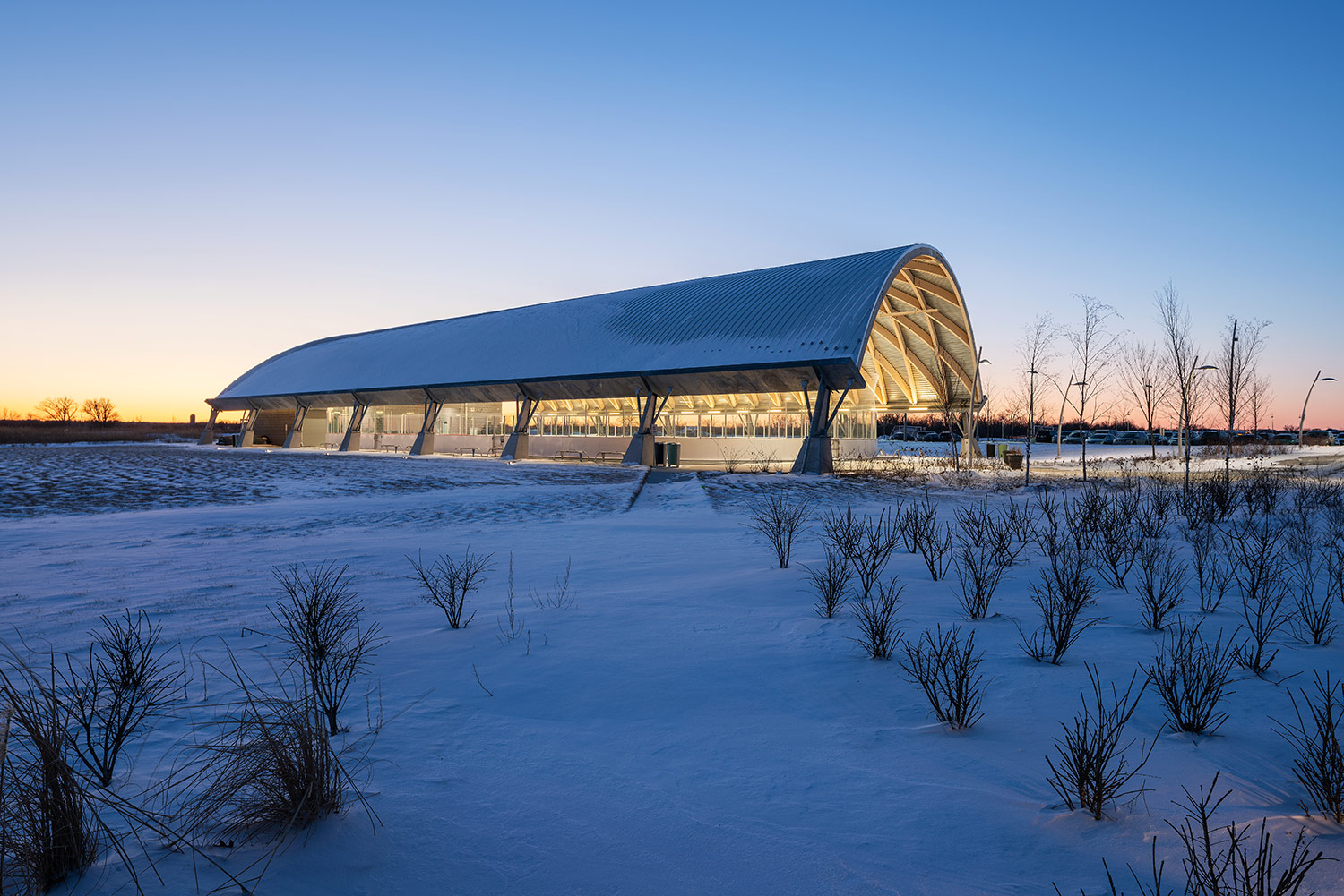 Gore Meadows Community Centre and Library, outdoor hockey rink from a distance in snow, Gordon + Gordon Group, Owner Representative